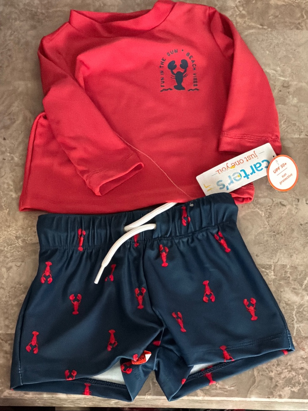 Carter's Coral Red Rash Guard with Navy Lobster Swim Shorts 6 Mos